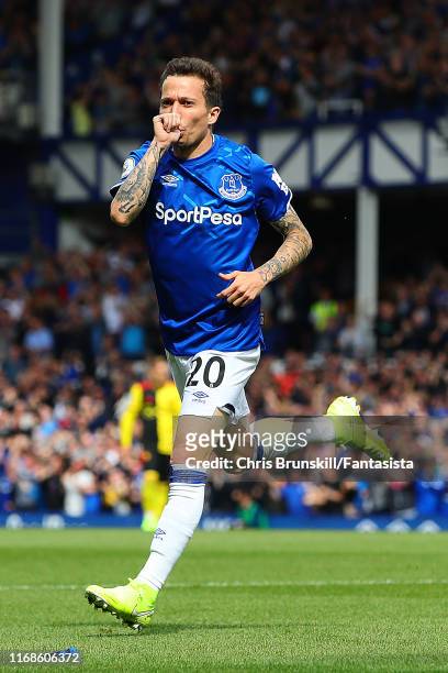 Bernard of Everton celebrates scoring the opening goal during the Premier League match between Everton FC and Watford FC at Goodison Park on August...