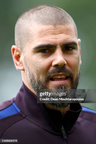 Victor Valdes, Manager / Head Coach of U19 FC Barcelona gives his players instructions from the sidelines during The Otten Cup match between PSV...
