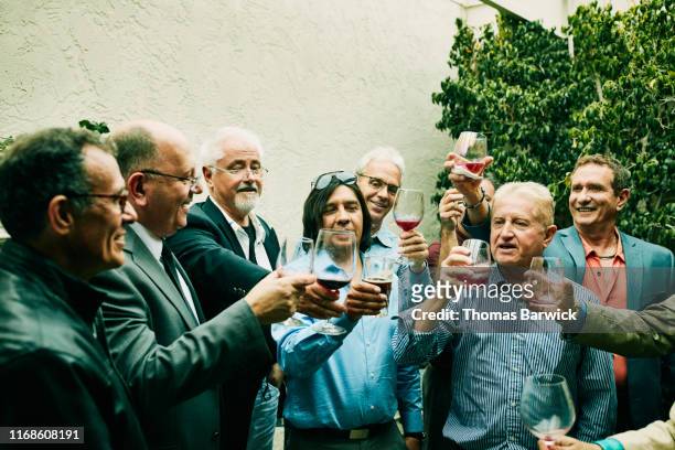 Mature and senior men toasting during cocktail party