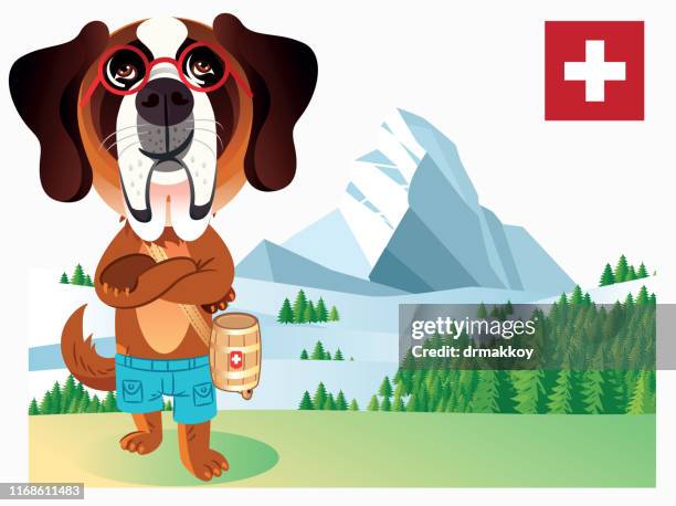 dog with glasses in switzerland - bernese mountain puppy stock illustrations