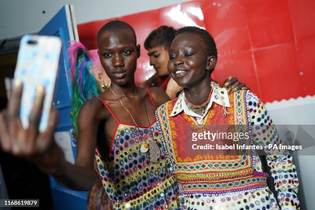Models on the backstage at the Ashish Spring/Summer 2020 London Fashion Week outside the Seymour Hall in London.