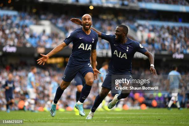 Lucas Moura of Tottenham Hotspur celebrates after he scores his sides second goal during the Premier League match between Manchester City and...