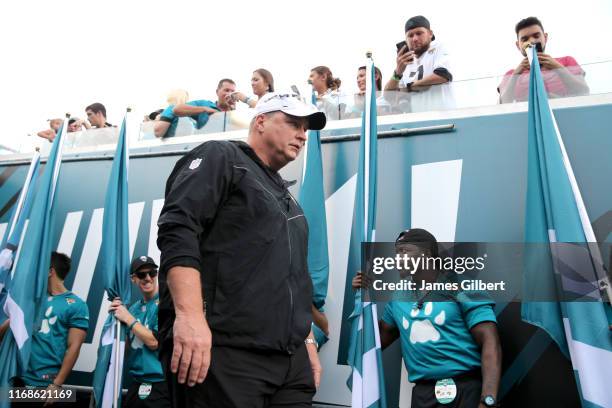 Head coach Doug Marrone of the Jacksonville Jaguars enters the field before the start of a preseason game against the Philadelphia Eagles at TIAA...