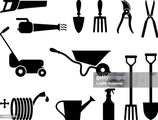 ilustraciones, imágenes clip art, dibujos animados e iconos de stock de herramientas de jardinería en blanco y negro - leaf blower