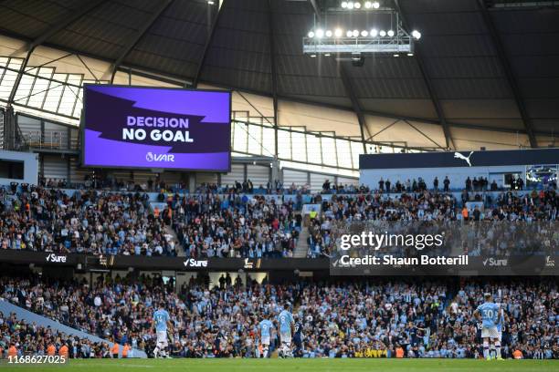 The big screen shows the VAR decision of No Goal for Gabriel Jesus of Manchester City third goal during the Premier League match between Manchester...