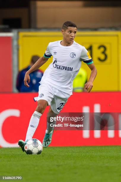 Amine Harit of Schalke controls the ball during the Bundesliga match between SC Paderborn 07 and FC Schalke 04 at Benteler Arena on September 15,...