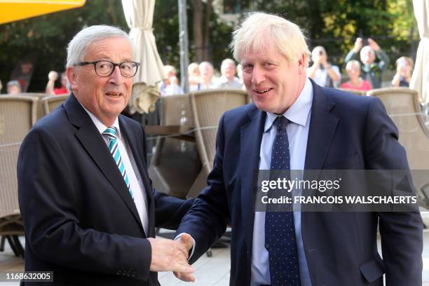 Commission president Jean-Claude Juncker shakes hands with British Prime Minister Boris Johnson prior to their meeting, on September 16, 2019 in...