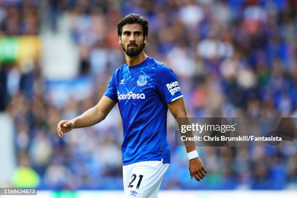 Andre Gomes of Everton looks on during the Premier League match between Everton FC and Watford FC at Goodison Park on August 17, 2019 in Liverpool,...