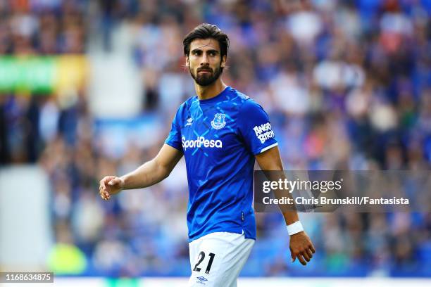 Andre Gomes of Everton looks on during the Premier League match between Everton FC and Watford FC at Goodison Park on August 17, 2019 in Liverpool,...