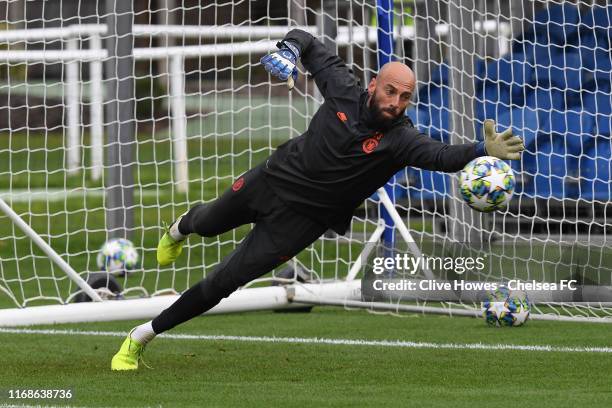 Willy Caballero of Chelsea during the open training session at Chelsea Training Ground on September 16, 2019 in Cobham, England.