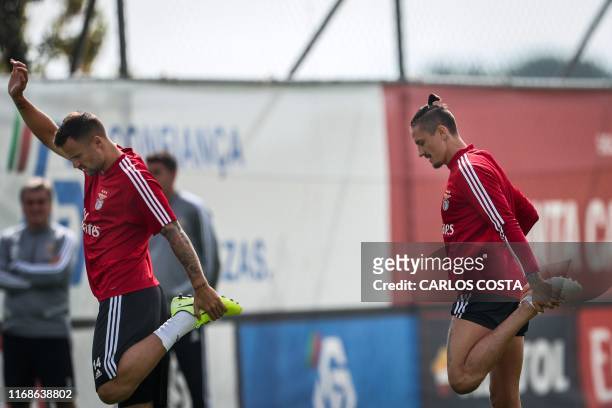 Benfica's Swiss forward Haris Seferovic and Benfica's Serbian midfielder Ljubomir Fejsa attend a training session at the club's training grounds in...