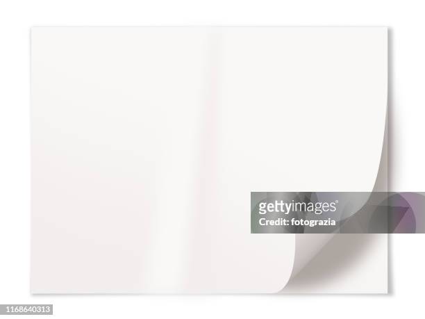 blank white paper sheet on white background - curled up stock-fotos und bilder