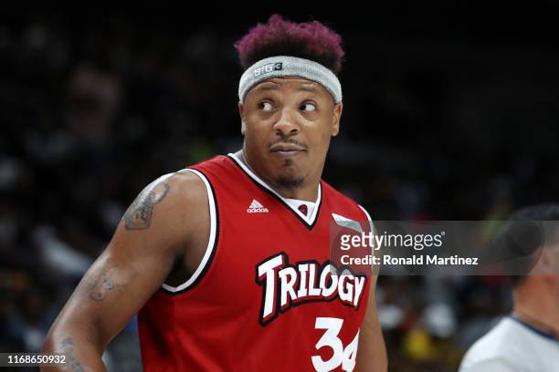 David Hawkins of the Trilogy looks on against 3's Company during week nine of the BIG3 three on three basketball league at American Airlines Center...