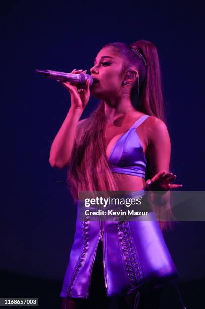 Ariana Grande performs on stage during her "Sweetener World Tour" at The O2 Arena on August 17, 2019 in London, England.