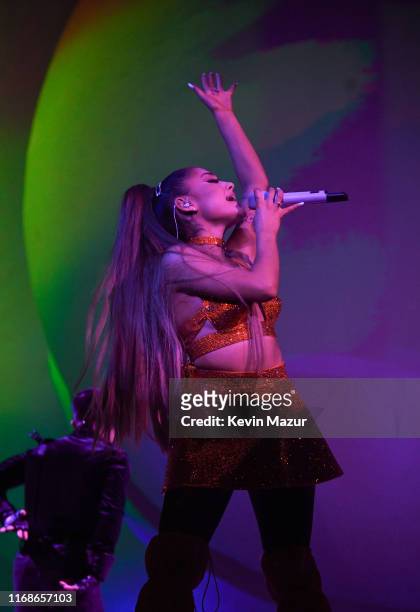 Ariana Grande performs on stage during her "Sweetener World Tour" at The O2 Arena on August 17, 2019 in London, England.