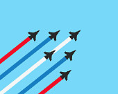 Military fighter jets with trails on a blue background. Vector airplane show illustration