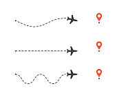 Set of airplane path to location pin. Plane route lines. Tourism and travel vector illustration.