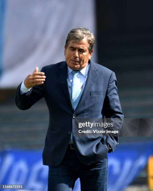 Jorge Luis Pinto, coach of Millonarios gestures, during a match between Millonarios and La Equidad as part of Liga Aguila II 2019 at Estadio El...