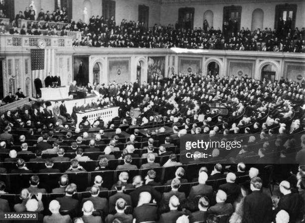 President Franklin D. Roosevelt delivers a speech at the opening of the third session of the Seventy-sixth United States Congress in the House...