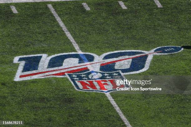 General view of the 100th anniversary logo prior to the National Football League game between the New York Giants and Buffalo Bills on September 15,...