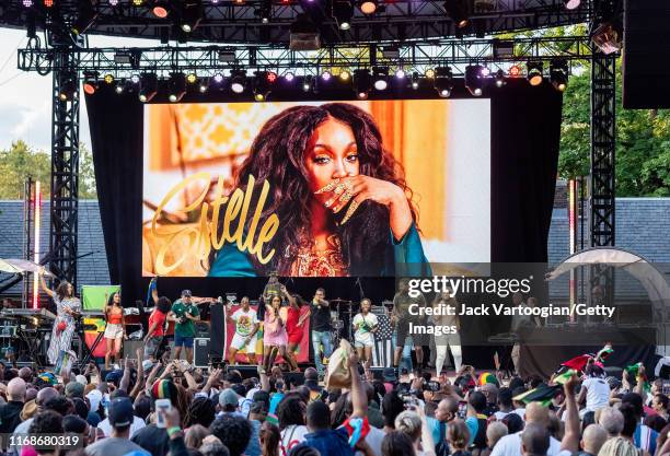 British R&B and Rap musician, producer, and actress Estelle performs onstage, surrounded by audience members, during the VP Records 40th anniversary...