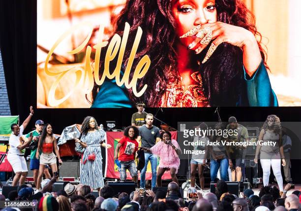British R&B and Rap musician, producer, and actress Estelle performs onstage, surrounded by audience members, during the VP Records 40th anniversary...