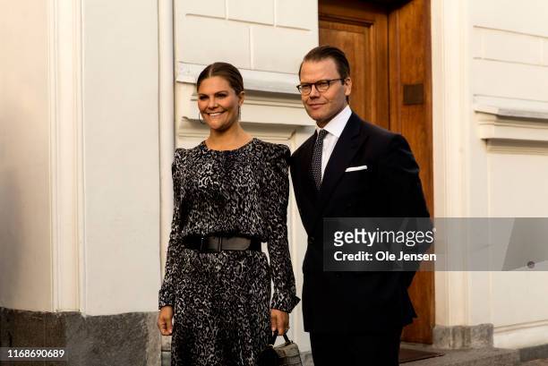 Crown Princess Victoria and Prince Daniel of Sweden pose during their arrival at the Swedish ambassadors residence in Copenhagen on September 16,...