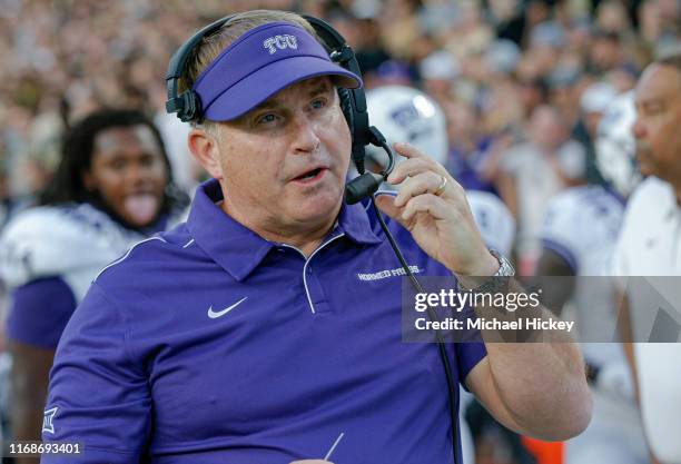 Head coach Gary Patterson of the TCU Horned Frogs is seen during the game against the Purdue Boilermakers at Ross-Ade Stadium on September 14, 2019...