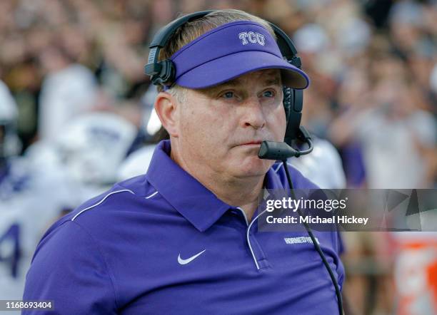 Head coach Gary Patterson of the TCU Horned Frogs is seen during the game against the Purdue Boilermakers at Ross-Ade Stadium on September 14, 2019...