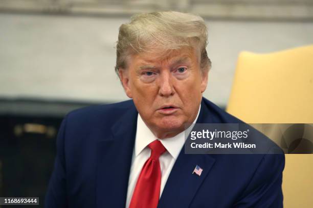 President Donald Trump speaks as he meets with Prince Salman bin Hamad bin Isa Al Khalifa, Crown Prince of Bahrain in the Oval Office at the White...