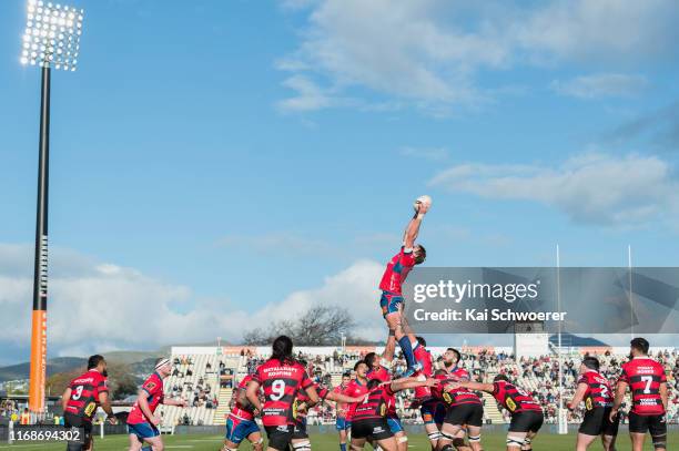 General view as Ethan Blackadder of Tasman wins a lineout during the round two Mitre 10 Cup match between Canterbury and Tasman at Orangetheory...