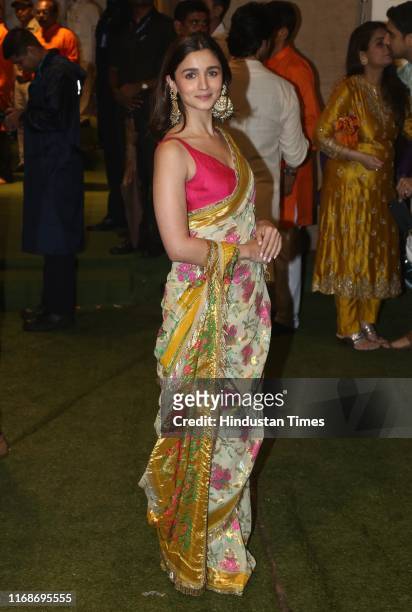 Bollywood actor Alia Bhatt during the Ganesh Chaturthi celebrations at the residence of Reliance Chairperson Mukesh Ambani, Antilia on September 3,...