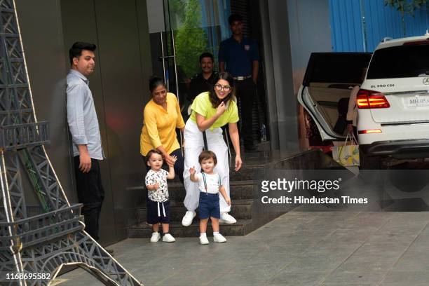Bollywood actor Sunny Leone seen with her twins Asher and Noah in Juhu on September 10, 2019 in Mumbai, India.