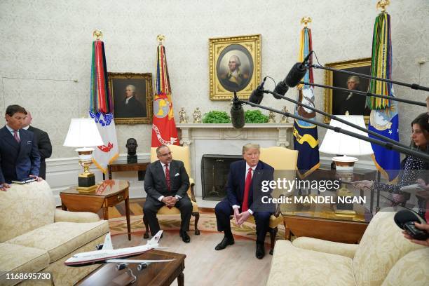 President Donald Trump speaks during a meeting with Bahrain's Crown Prince Salman bin Hamad bin Isa al-Khalifa in the Oval Office of the White House...