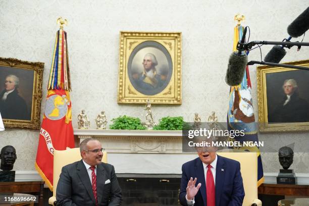 President Donald Trump speaks during a meeting with Bahrain's Crown Prince Salman bin Hamad bin Isa al-Khalifa in the Oval Office of the White House...