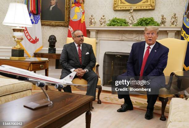 President Donald Trump speaks during a meeting Salman bin Hamad Al-Khalifa, Crown Prince of Bahrain, left, at the White House in Washington, D.C.,...