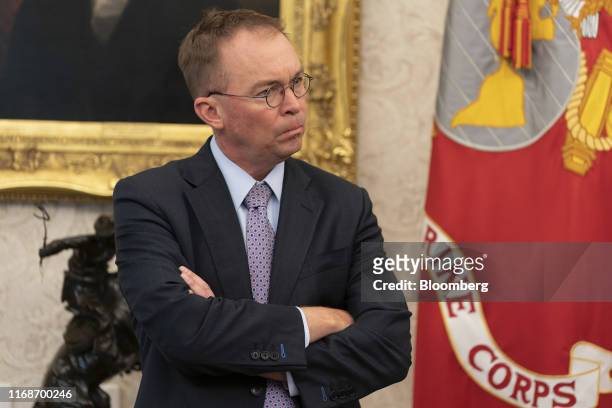 Mick Mulvaney, acting White House chief of staff, listens during a meeting with U.S. President Donald Trump and Salman bin Hamad Al-Khalifa, Crown...