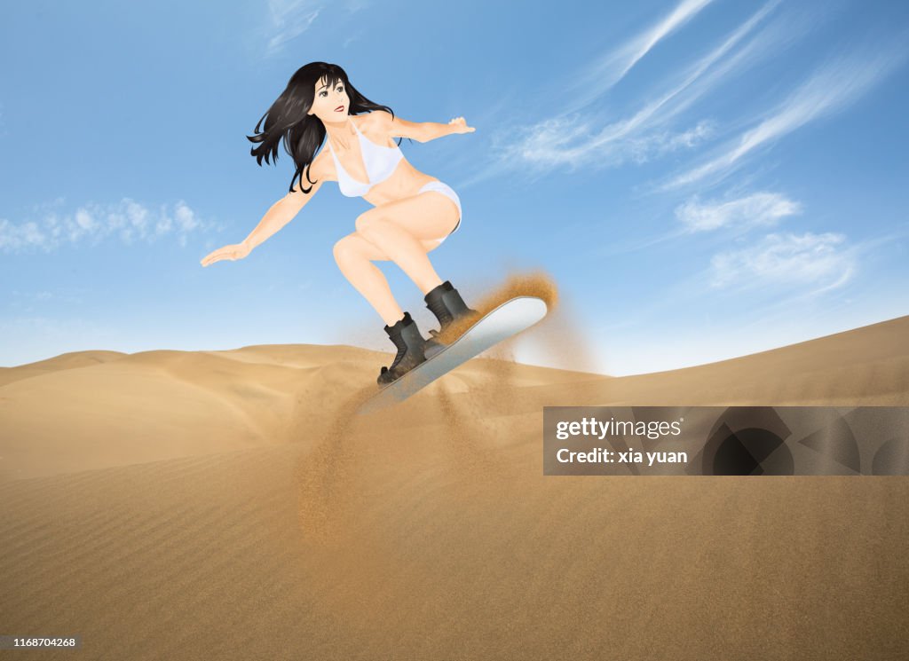 Young Woman Sandboarding On Desert Against Clear Sky