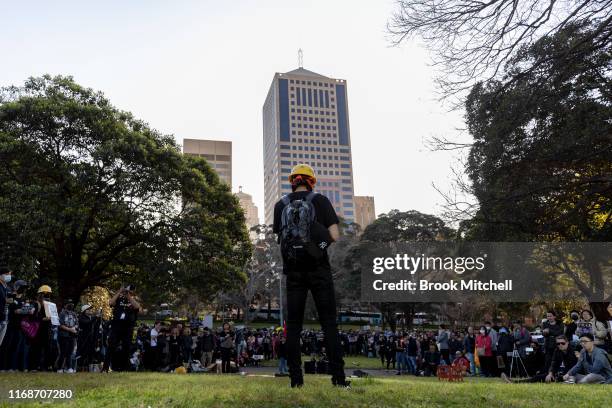 Pro-Hong Kong demonstrator addresses the crowd at a rally in Sydney’s Belmore Park on August 18, 2019 in Sydney, Australia. There have been a number...