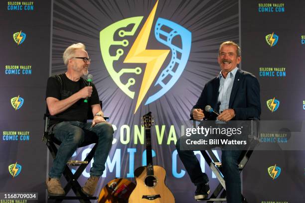 Adam Savage and Chris Hadfield speak on stage at the Silicon Valley Comic Con at the San Jose Convention Center on August 17, 2019 in San Jose,...