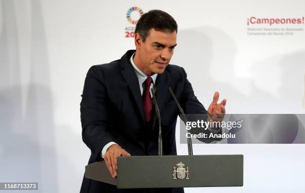 Spain's Prime Minister Pedro Sanchez speaks during a reception for the FIBA Basketball World Cup winning Spanish National Team on September 16, 2019...