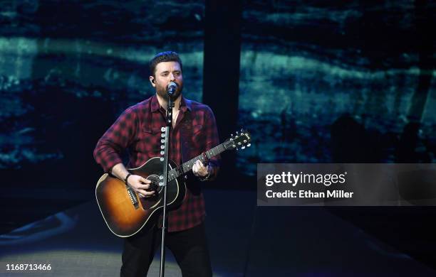 Singer/songwriter Chris Young performs during a stop of the Raised on Country World Tour 2019 at MGM Grand Garden Arena on August 17, 2019 in Las...