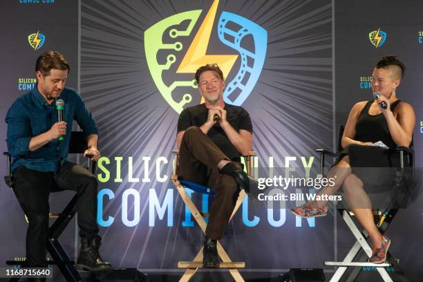 Actors Ben McKenzie and Donal Logue appear on stage with moderator Dana Han-Klein at the Silicon Valley Comic Con at the San Jose Convention Center...