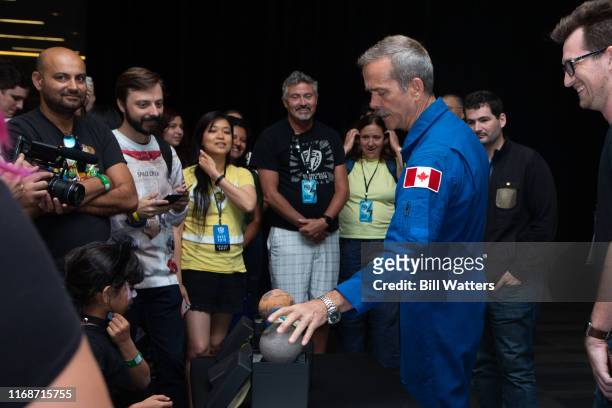 Former astronaut Chris Hadfield appears at the Silicon Valley Comic Con at the Kid's Zone area at the San Jose Convention Center on August 17, 2019...