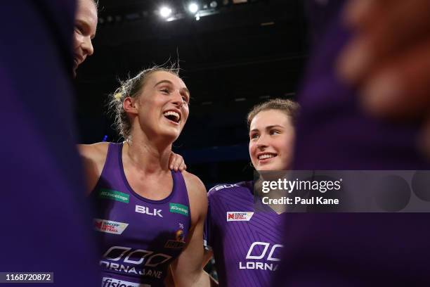 Gabi Simpson of the Firebirds addresses her team after winning the round 13 Super Netball match between the West Coast Fever and the Queensland...