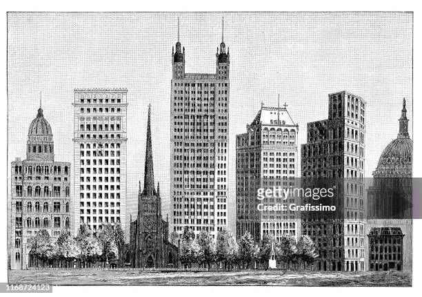 skyline von new york city mit wolkenkratzer 1897 - new york gemälde stock-grafiken, -clipart, -cartoons und -symbole