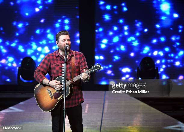 Singer/songwriter Chris Young performs during a stop of the Raised on Country World Tour 2019 at MGM Grand Garden Arena on August 17, 2019 in Las...
