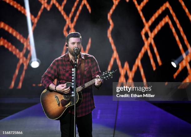 Singer/songwriter Chris Young performs during a stop of the Raised on Country World Tour 2019 at MGM Grand Garden Arena on August 17, 2019 in Las...