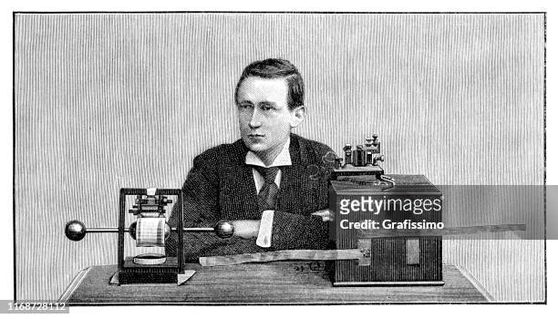 guglielmo marconi inventor of the radio with telegraph system 1897 - guglielmo marconi stock illustrations