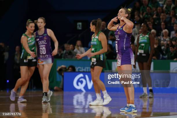 Gabi Simpson of the Firebirds gestures during the round 13 Super Netball match between the West Coast Fever and the Queensland Firebirds at RAC Arena...